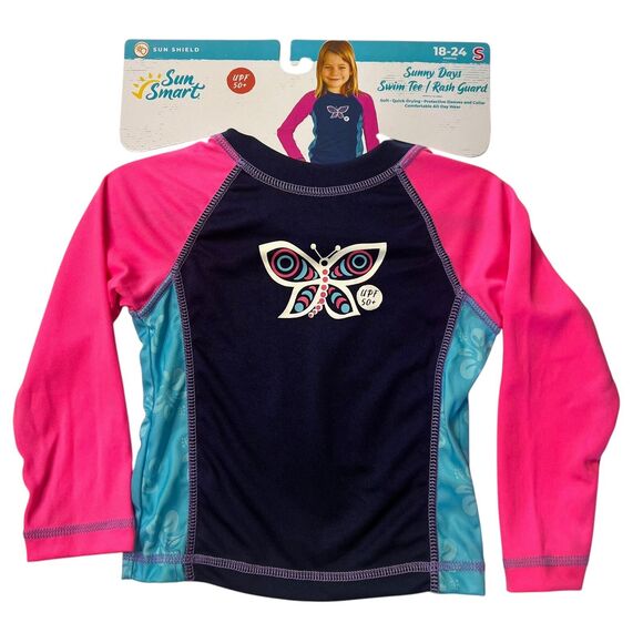 Sun‎ Smart Swim Tee Rash Guard UPF 50+ Protective Sleeves Pink Blue 18-24 Months - Picture 1 of 5